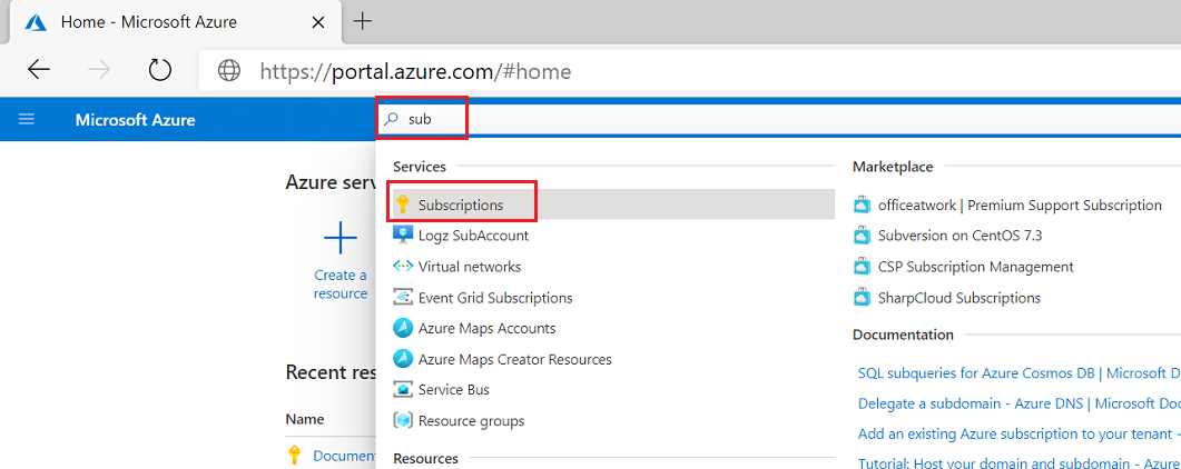 Screenshot of searching for subscriptions in the Azure portal.