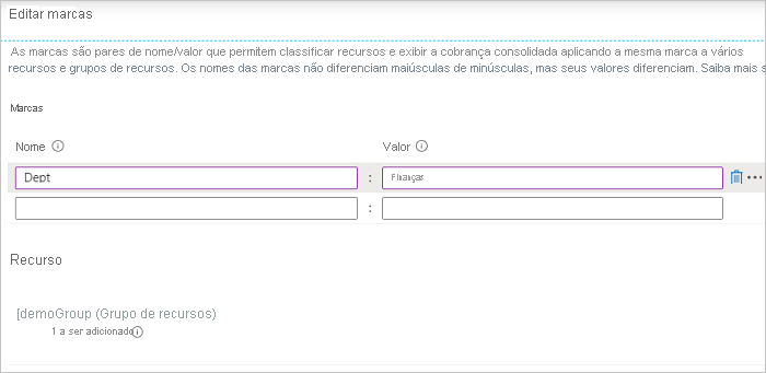 Captura de tela do portal do Azure com a caixa de diálogo Adicionar Tag aberta.