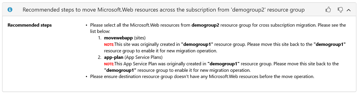 A captura de tela mostra as etapas recomendadas para mover recursos do Microsoft.Web.