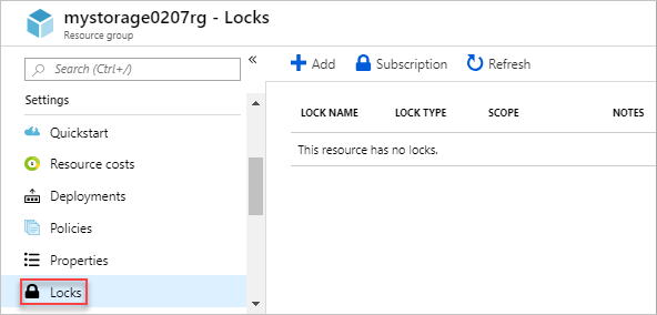 Captura de tela do portal do Azure mostrando a opção Bloqueios para uma conta de armazenamento.