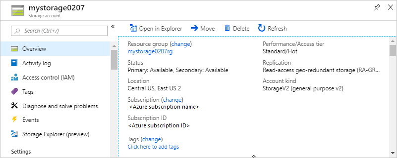 Captura de tela de uma conta de armazenamento aberta no portal do Azure mostrando sua visão geral e configurações.