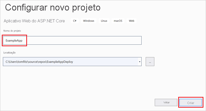 Captura de tela da janela de nomeação de projeto para o aplicativo Web ASP.NET Core.