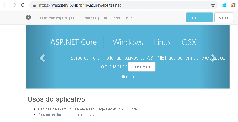 Captura de tela do aplicativo ASP.NET padrão implantado em um navegador da Web.