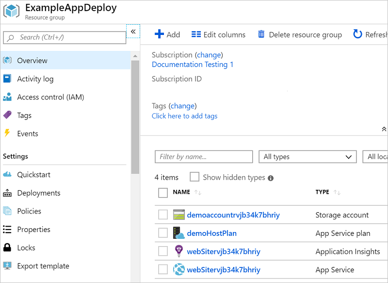 Captura de tela do portal do Microsoft Azure exibindo os recursos implantados em um grupo de recursos.