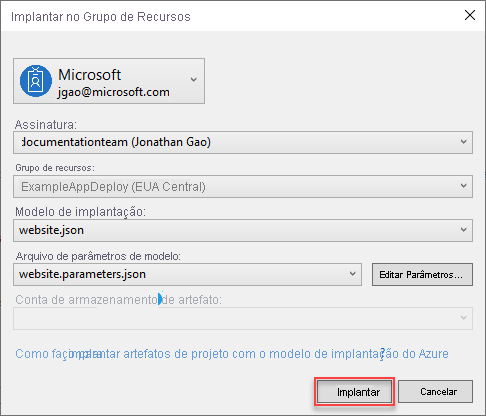 Captura de tela da caixa de diálogo Implantar no Grupo de Recursos no Visual Studio.