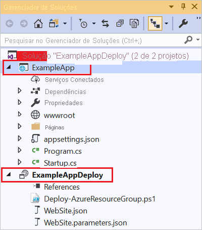 Captura de tela do Gerenciador de Soluções do Visual Studio exibindo os dois projetos na solução.