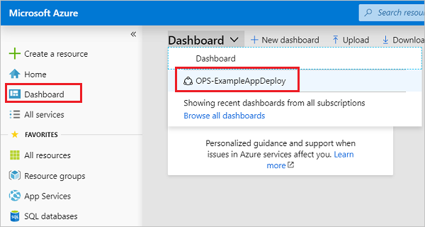 Captura de tela da página Dashboard do portal do Microsoft Azure destacando um exemplo de painel personalizado.