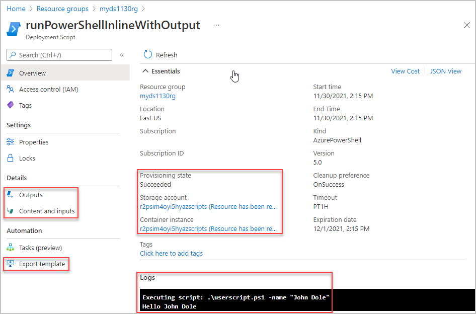 Captura de tela da visão geral do portal do script de implantação de modelo do Resource Manager.