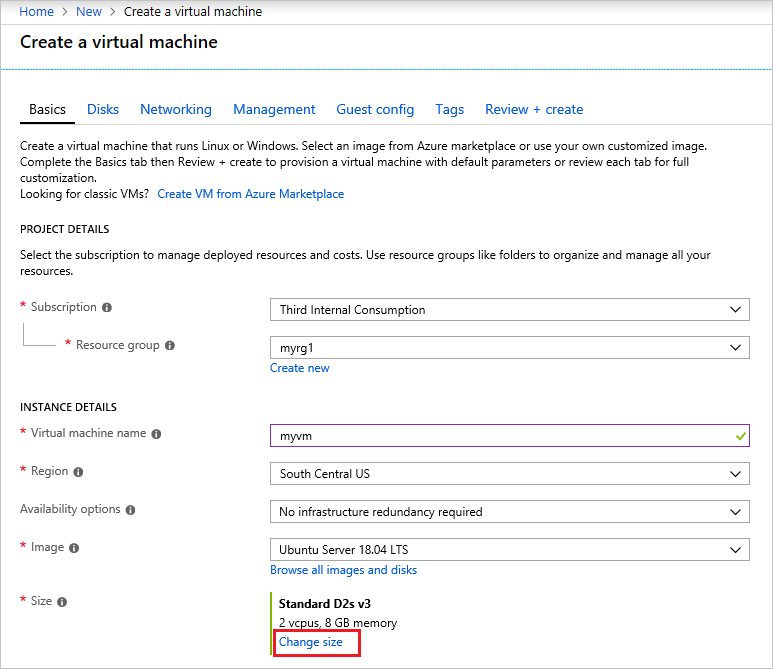 Captura de tela do portal do Azure mostrando as opções para selecionar um tamanho de máquina virtual em um menu flutuante.