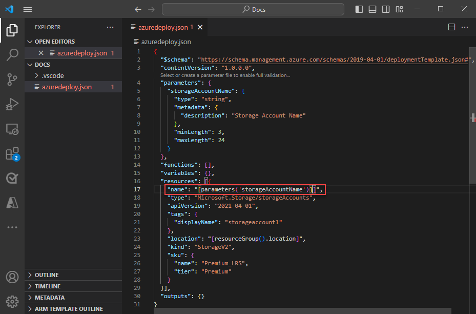 Screenshot showing completed parameter in an ARM template resource.