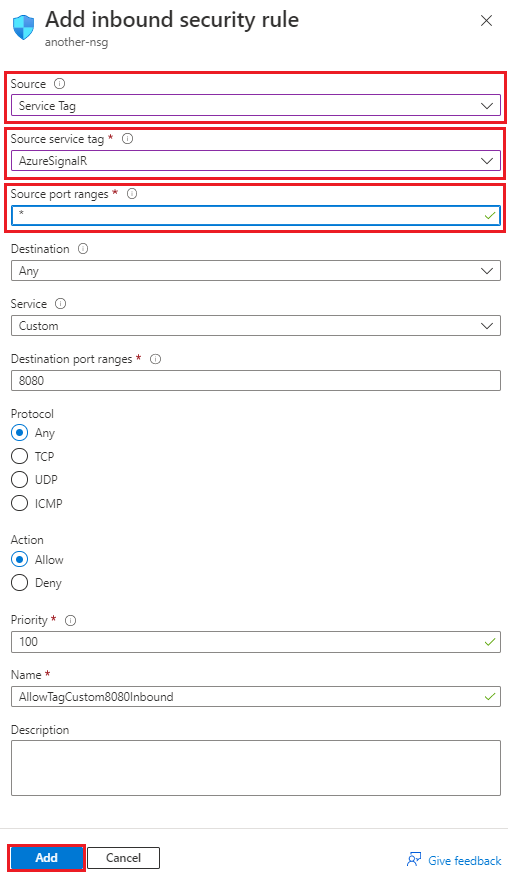 Create an inbound security rule