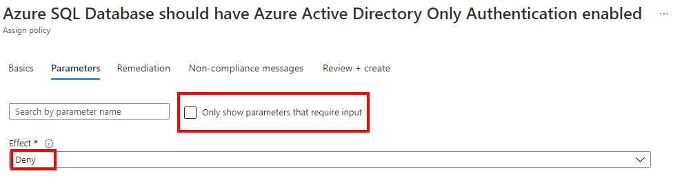 Screenshot of Azure Policy effect parameter for Azure AD-only authentication.