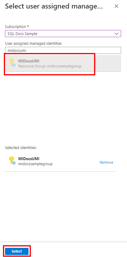 Captura de tela do portal do Azure mostrando a identidade gerenciada atribuída pelo usuário ao configurar a identidade do servidor