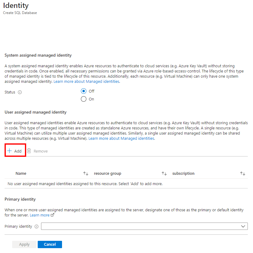 Captura de tela do portal do Azure mostrando a adição de uma identidade gerenciada atribuída pelo usuário ao configurar a identidade do servidor.