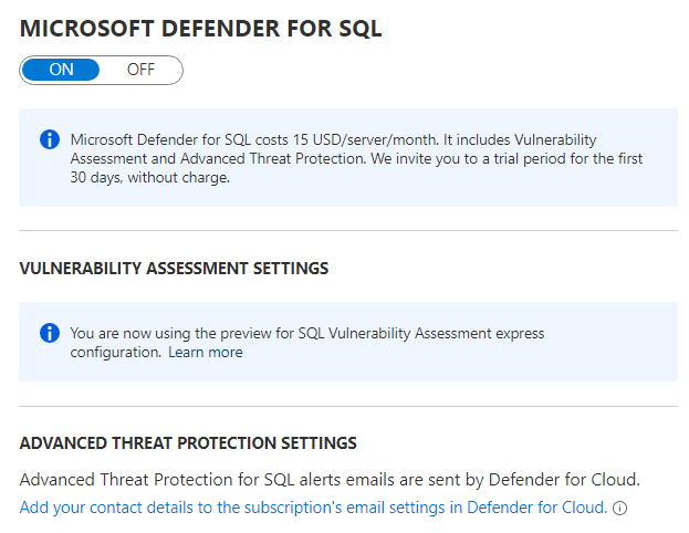 Captura de tela mostrando a tela Configurar para Microsoft Defender para SQL.