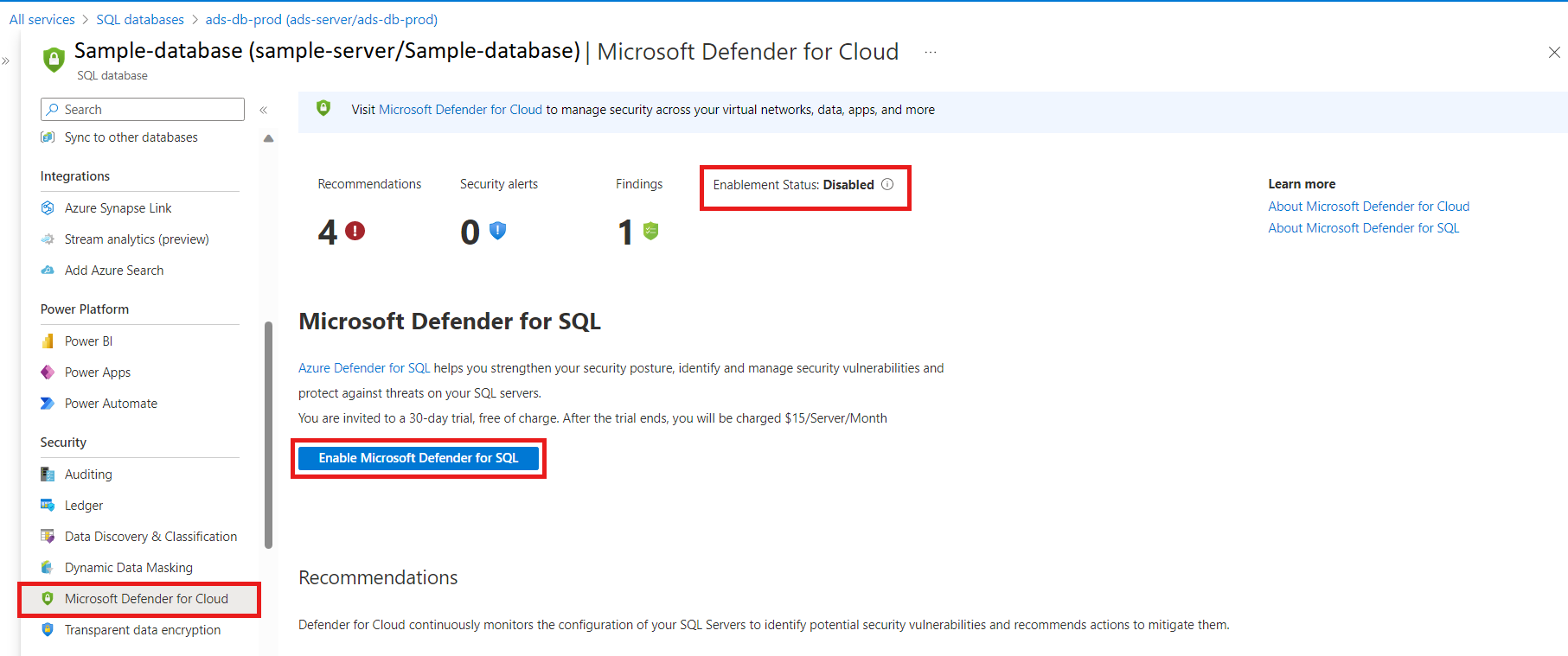 Captura de tela mostrando Habilitar Microsoft Defender para SQL de dentro dos bancos de dados SQL do Azure.