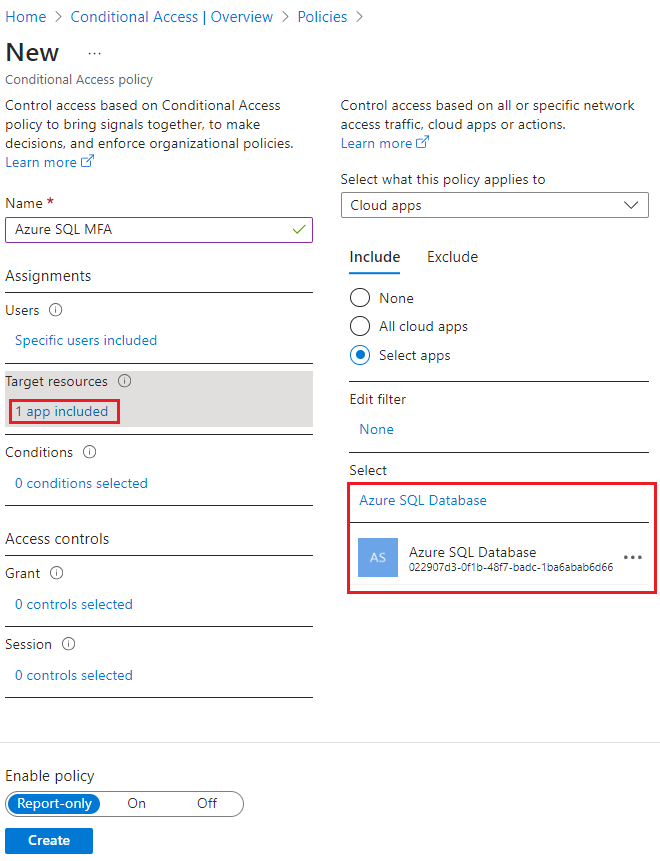 Captura de tela do Banco de Dados SQL do Azure designado como o recurso de destino no portal do Azure. 