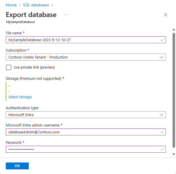 A captura de tela mostra a página Exportar banco de dados com nome de usuário e senha especificados.