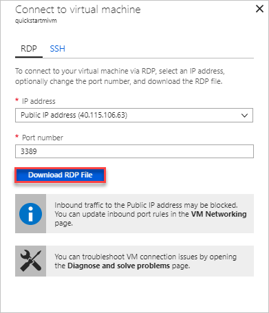 Captura de tela do portal do Azure mostrando a conexão à VM com a opção download RDP realçada.