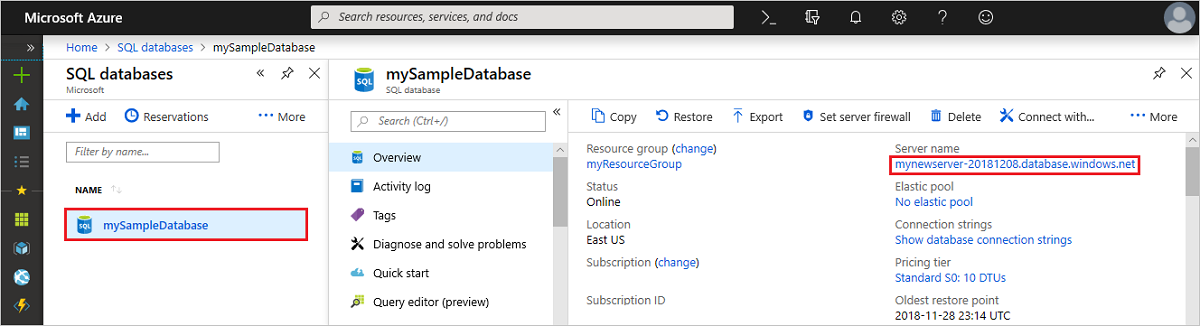 Captura de tela do portal do Azure, página de visão geral do banco de dados com o nome do servidor realçado.