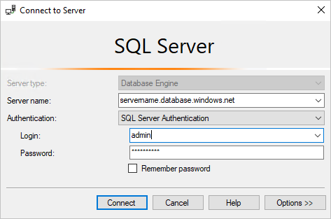 Captura de tela da caixa de diálogo da conexão com um servidor lógico do Banco de Dados SQL do Azure no SQL Server Management Studio (SSMS).