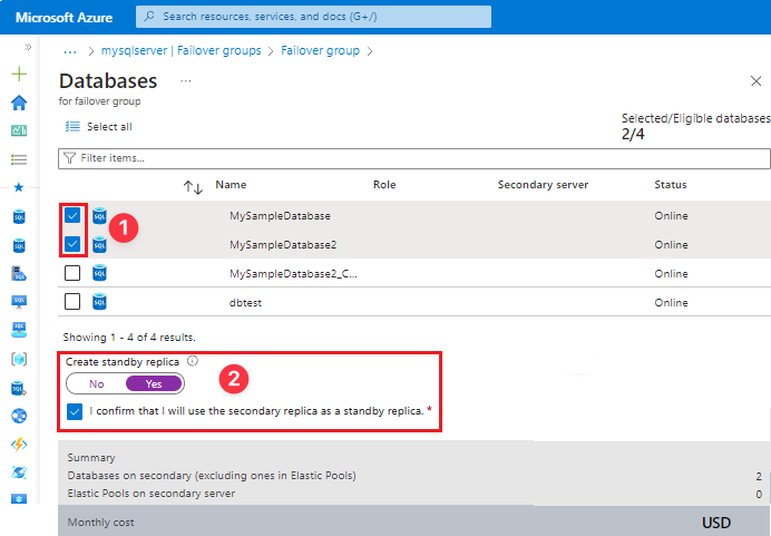 Captura de tela dos bancos de dados para o painel de grupo de failover no portal do Azure.