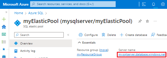 Captura de tela da página selecionando o nome do servidor do pool elástico no portal do Azure.