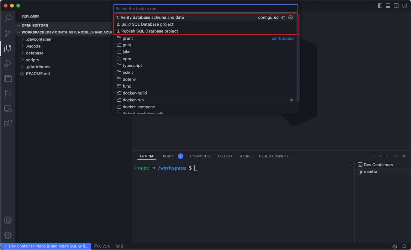Captura de tela da lista de tarefas predefinidas no Visual Studio Code para Contêineres de Desenvolvimento.