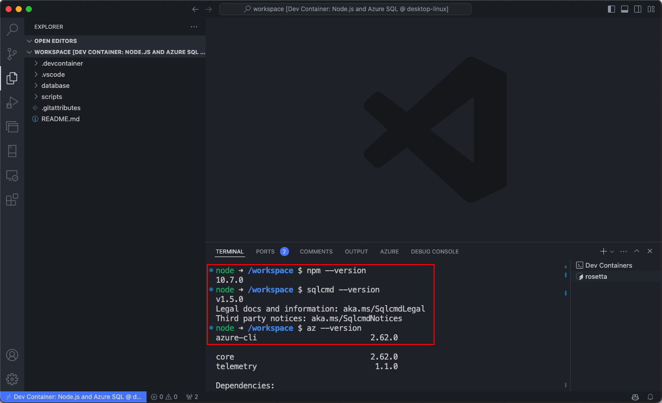 Captura de tela do Terminal no Visual Studio Code para verificar a configuração do Contêiner de Desenvolvimento.