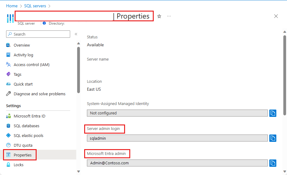 Screenshot shows the SQL Server Properties page where you can obtain the Server admin login and Microsoft Entra admin values.