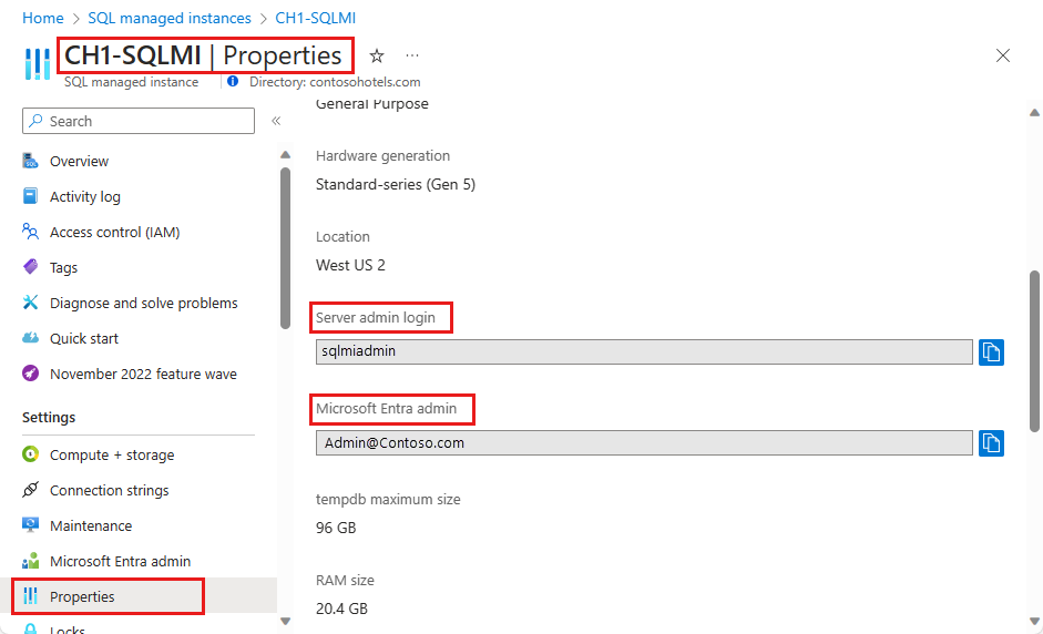 A captura de tela mostra a página de propriedades da instância gerenciada de SQL, na qual você pode obter os valores de logon e de administrador do Microsoft Entra.