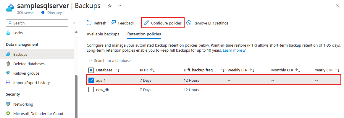 Captura de tela do portal do Azure da guia de políticas de retenção para configurar políticas de retenção de backup.