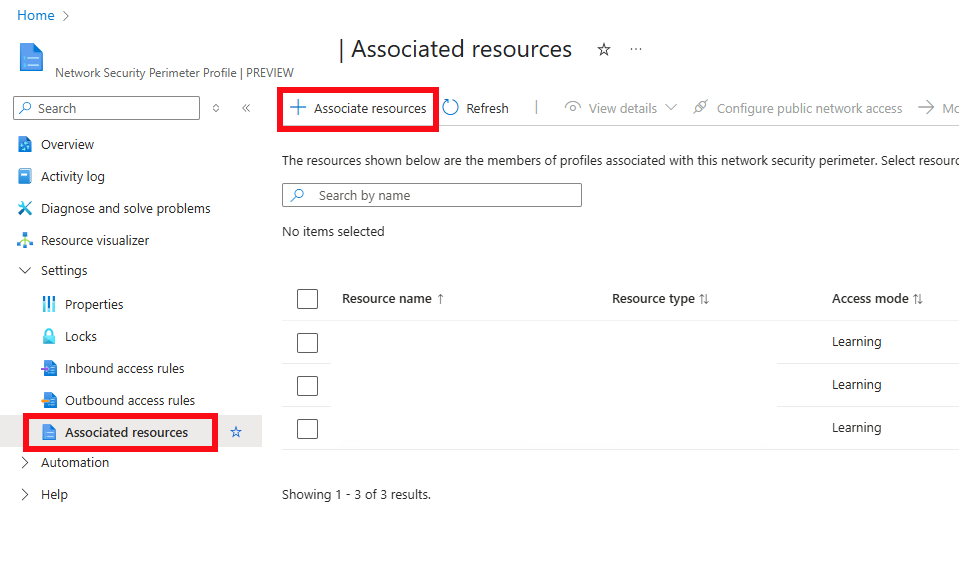Captura de tela dos recursos associados para o perímetro de segurança de rede no portal do Azure.