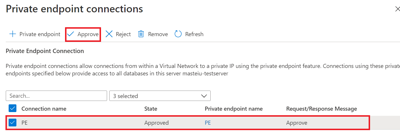 Captura de tela da página de conexões Ponto de extremidade privado do portal do Azure, mostrando onde aprovar um link privado.