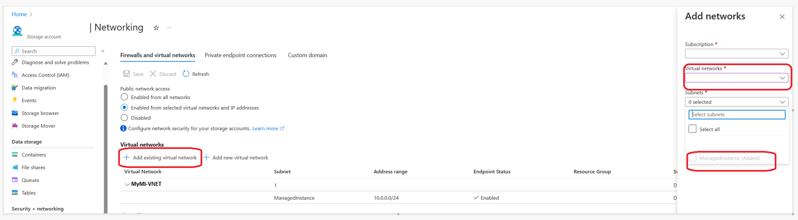 Captura de tela das configurações de rede da conta de armazenamento para o ciclo de recursos de novembro de 2022 (e posterior).