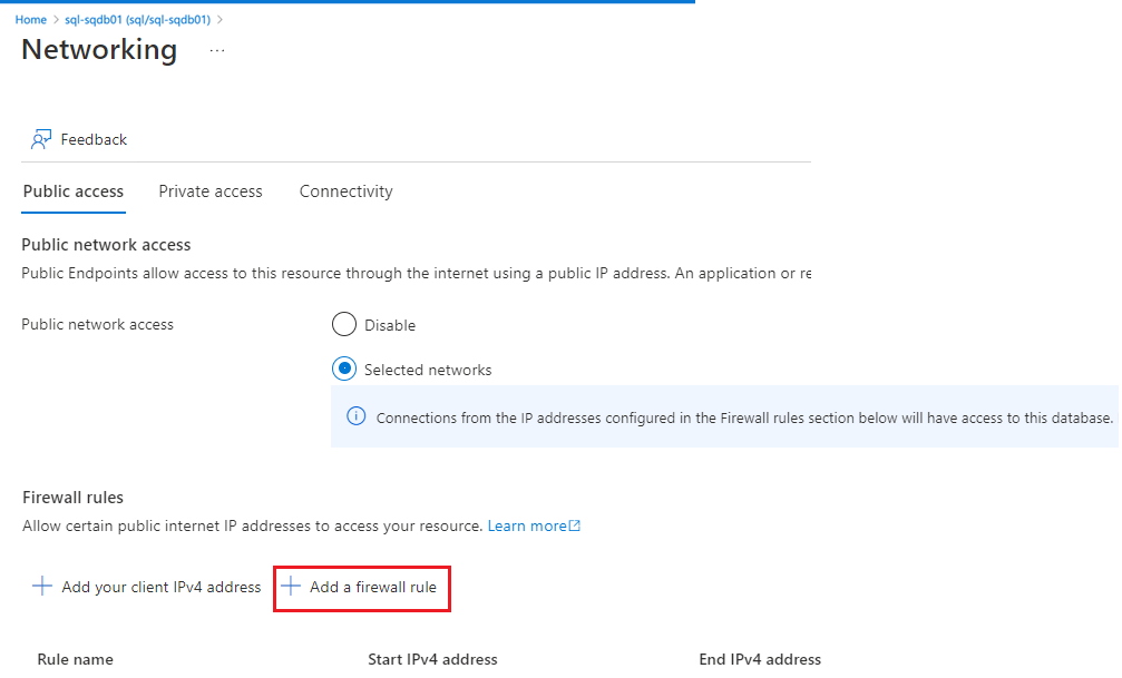 Captura de tela de uma página de Configurações do firewall do Banco de Dados SQL do Azure no portal do Azure. Configurações de firewall.