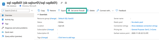 Captura de tela de uma página do Banco de Dados SQL do Azure no portal do Azure. O botão Definir o firewall do servidor está realçado.