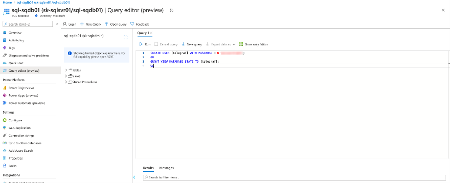 Captura de tela do Editor de Consultas com um script de criação de usuário do Telegraf.