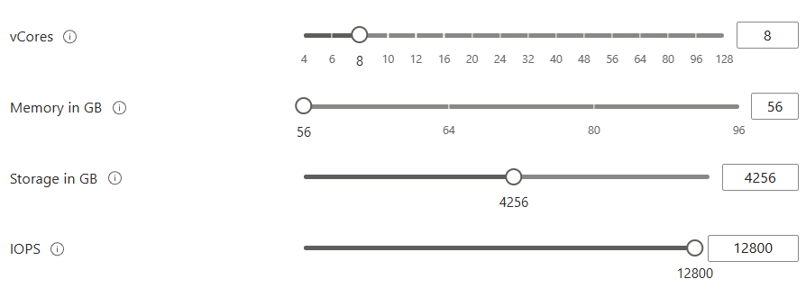 Captura de tela de dimensionamento dos recursos da instância gerenciada de SQL de forma independente no portal do Azure.