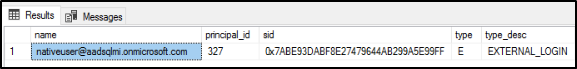 Captura de tela da guia Resultados no Pesquisador de Objetos do SSMS mostrando o nome, a principal_id, a sid, o tipo e o type_desc do logon recém-adicionado.