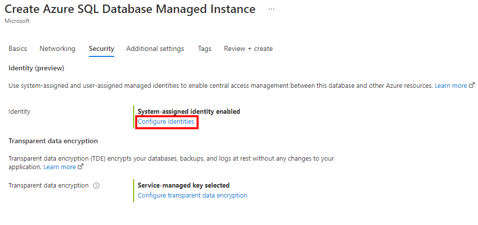Captura de tela das configurações de segurança do portal do Azure para o processo de criação de instância gerenciada.