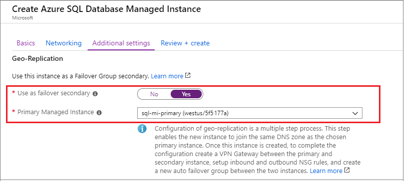 Captura de tela do portal do Azure especificando a instância gerenciada primária como secundária de failover na página de configurações adicionais.