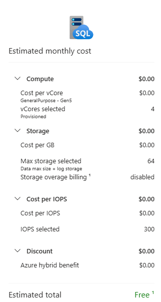 Captura de tela do portal do Azure do cartão resumo de custos da Oferta Gratuita.