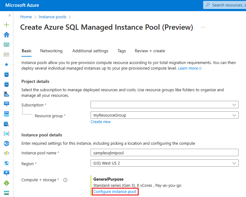 Captura de tela da página Criar pool de Instâncias Gerenciadas de SQL do Azure no portal do Azure com a opção Configurar pool de instâncias selecionada.