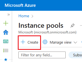 Captura de tela da página Pools de instâncias no portal do Azure com a opção +Criar selecionada.