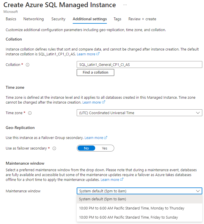 Screenshot from the Azure portal. In the Create Azure SQL managed instance, Additional settings tab, the Maintenance window drop down is open.