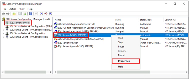 Captura de tela que mostra o SQL Server Configuration Manager, com seleções para abrir propriedades para o serviço.