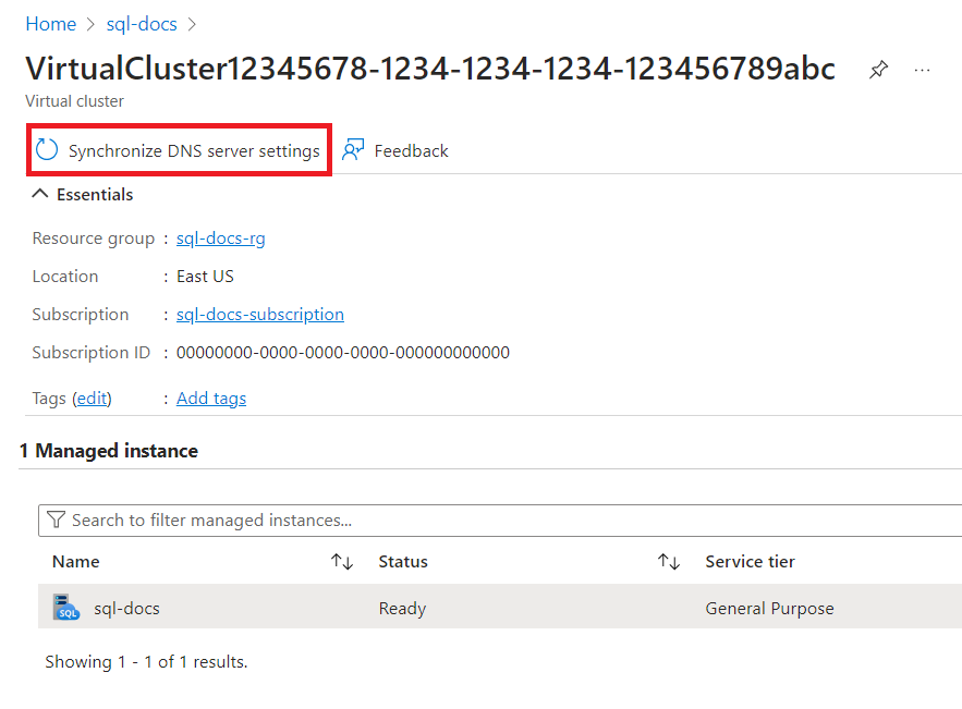 Captura de tela mostrando a ação de configurações de Sincronizar servidor DNS na página de visão geral do cluster virtual.