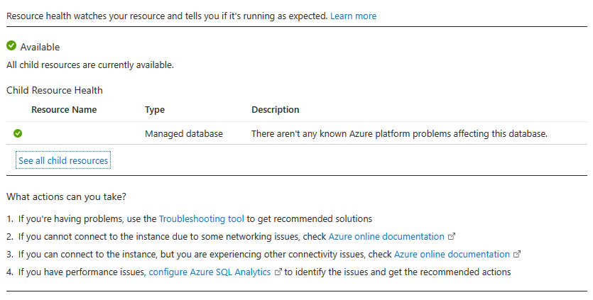A screenshot of the Azure portal showing the status message for the state of Available.