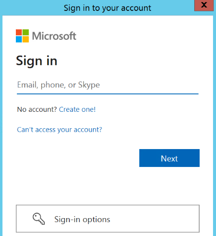 Captura de tela da caixa de diálogo Entrar na sua conta. O logotipo da Microsoft, a caixa de credenciais e outros elementos de interface do usuário podem ser vistos.